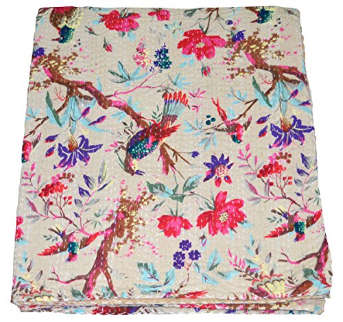 Indian-Shoppers Bedding Decor Tagesdecke mit braunem Vogeldruck, handgefertigt, Baumwolle, Queen-Size, Kantha-Überzug, Boho-Stil, handgesteppt, Tagesdecke Cover