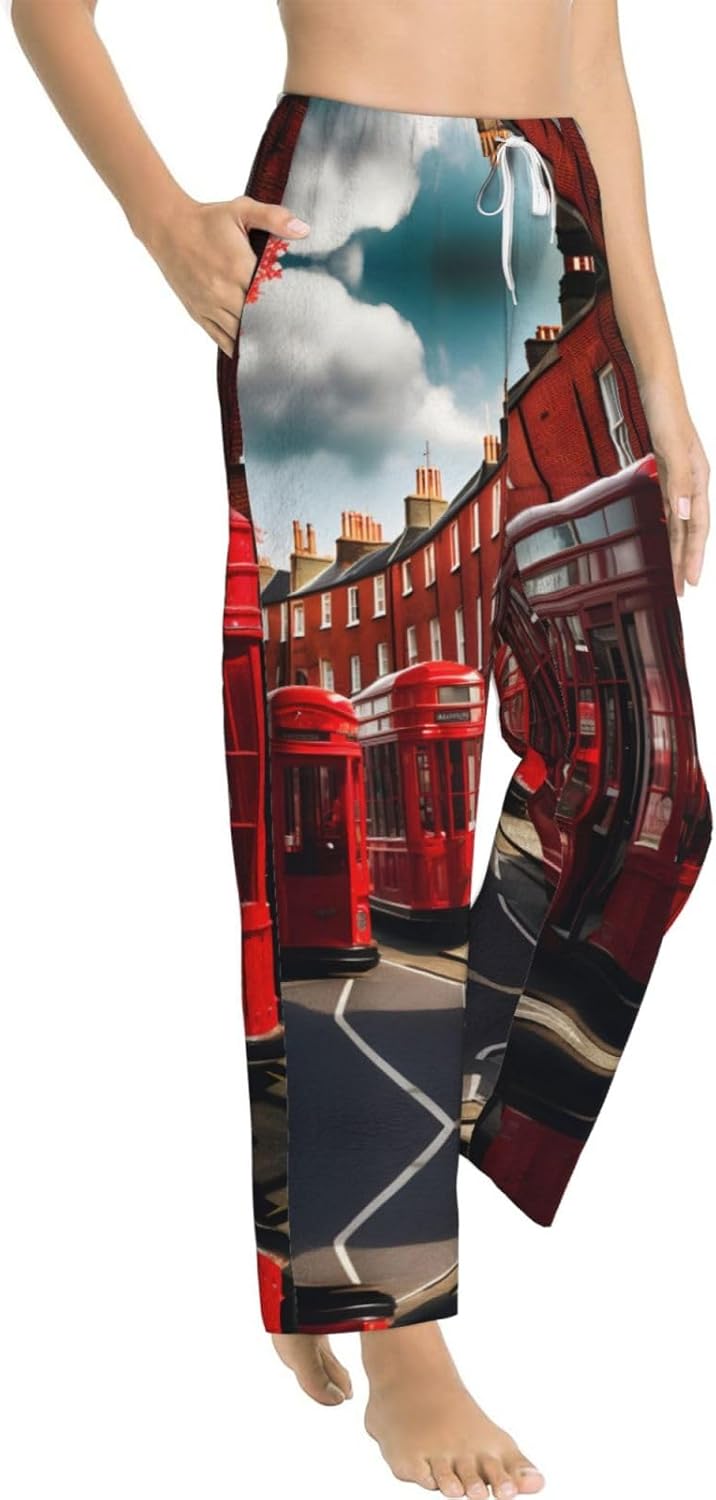 Red London Street Print Cozy Christmas Pajama Pants,Flannel Pajama Bottoms,Cater To Various Body Types