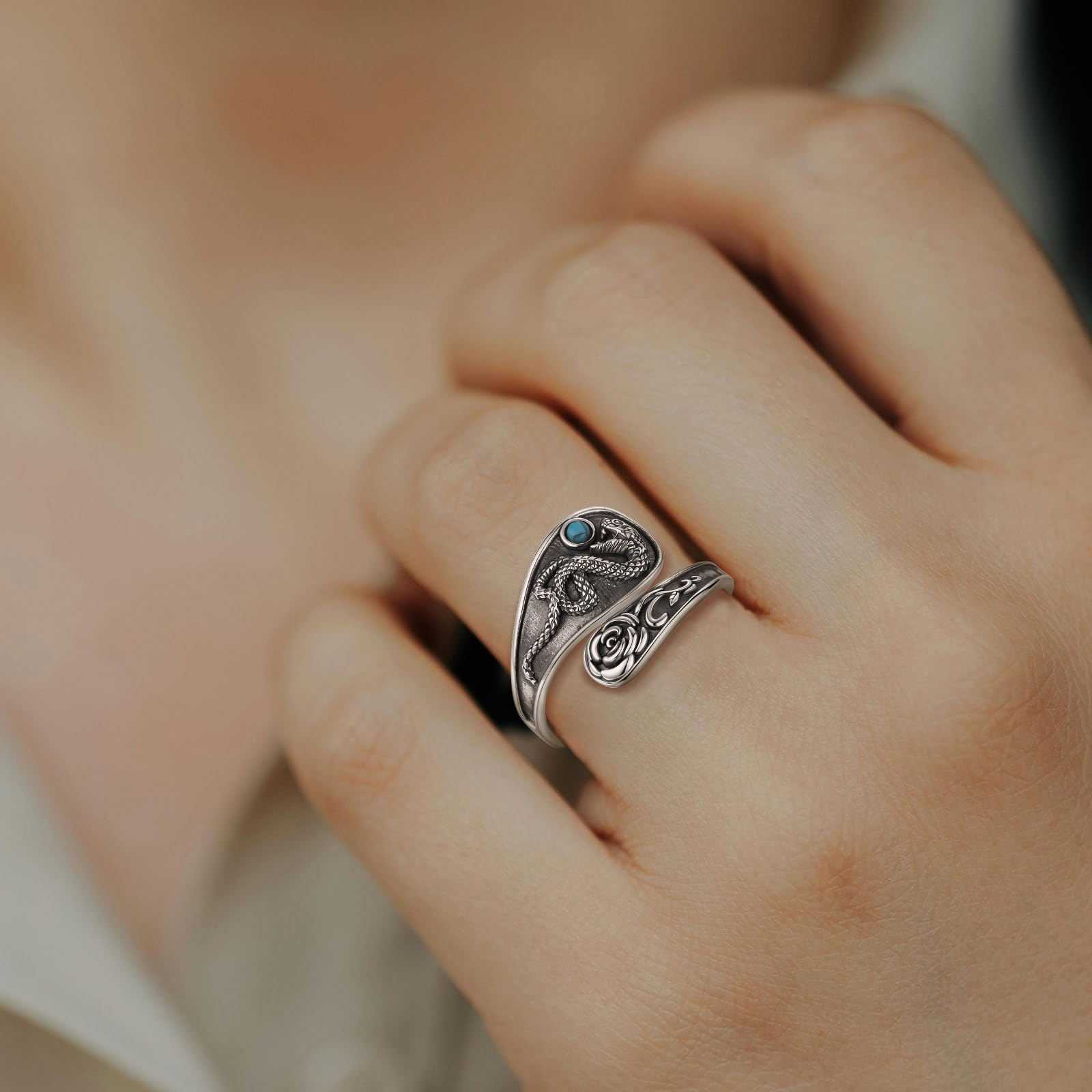INFUSEU Schlangenring Damen 925 Sterling Silber Ring mit Türkis Stein Rosen Motiv Vintage Löffelring Schlange Schmuck Boho Ring Verstellbarer Silberring Geschenk Frauen