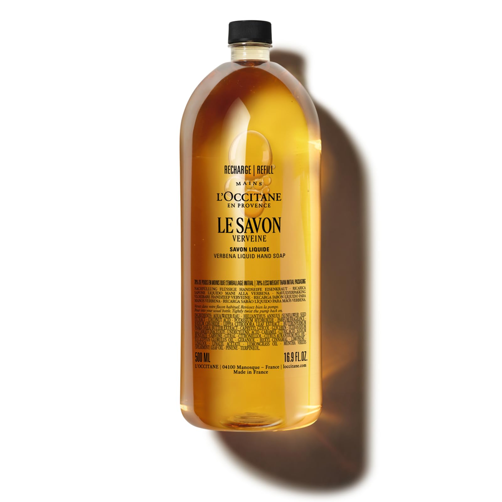 L'OCCITANE - Recharge Savon Liquide Verveine - 500 ml | Tous types de peau - Nettoie en douceur - Notes acidulées et rafraîchissantes - Fabriqué en France