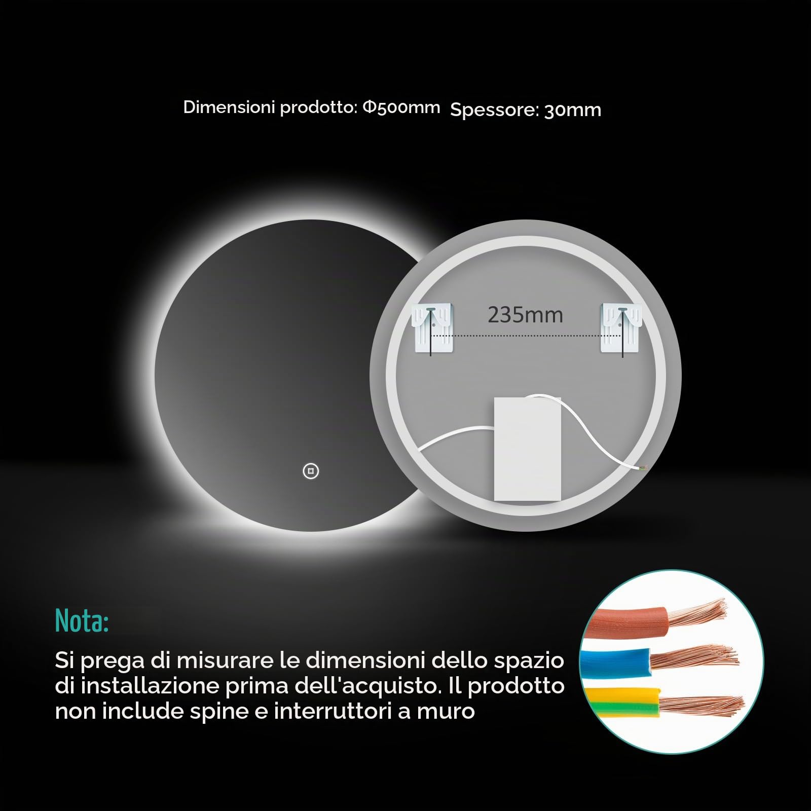EMKE Specchio da bagno con illuminazione, rotondo, diametro 50 cm, con luce bianca fredda, dimmerabile, funzione di memoria, interruttore touch, IP44, retroilluminato a risparmio energetico