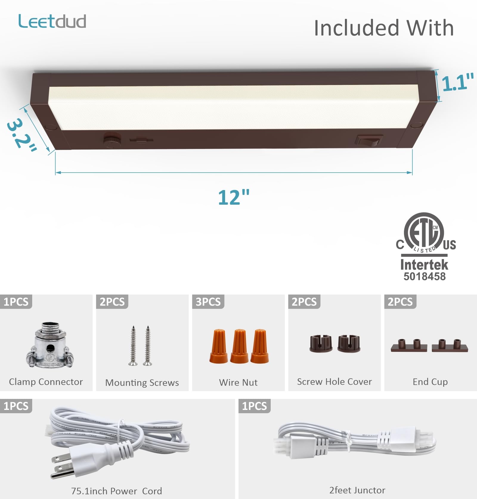 Leetdud - Oświetlenie LED pod szafką, wbudowana lub przewodowa wtyczka ściemniacza, 30 cm 6 W, możliwość przyciemniania, 5 kolorów, 2700 K/3000 K/3500 K/4000 K/5000 K, możliwość łączenia z ETL