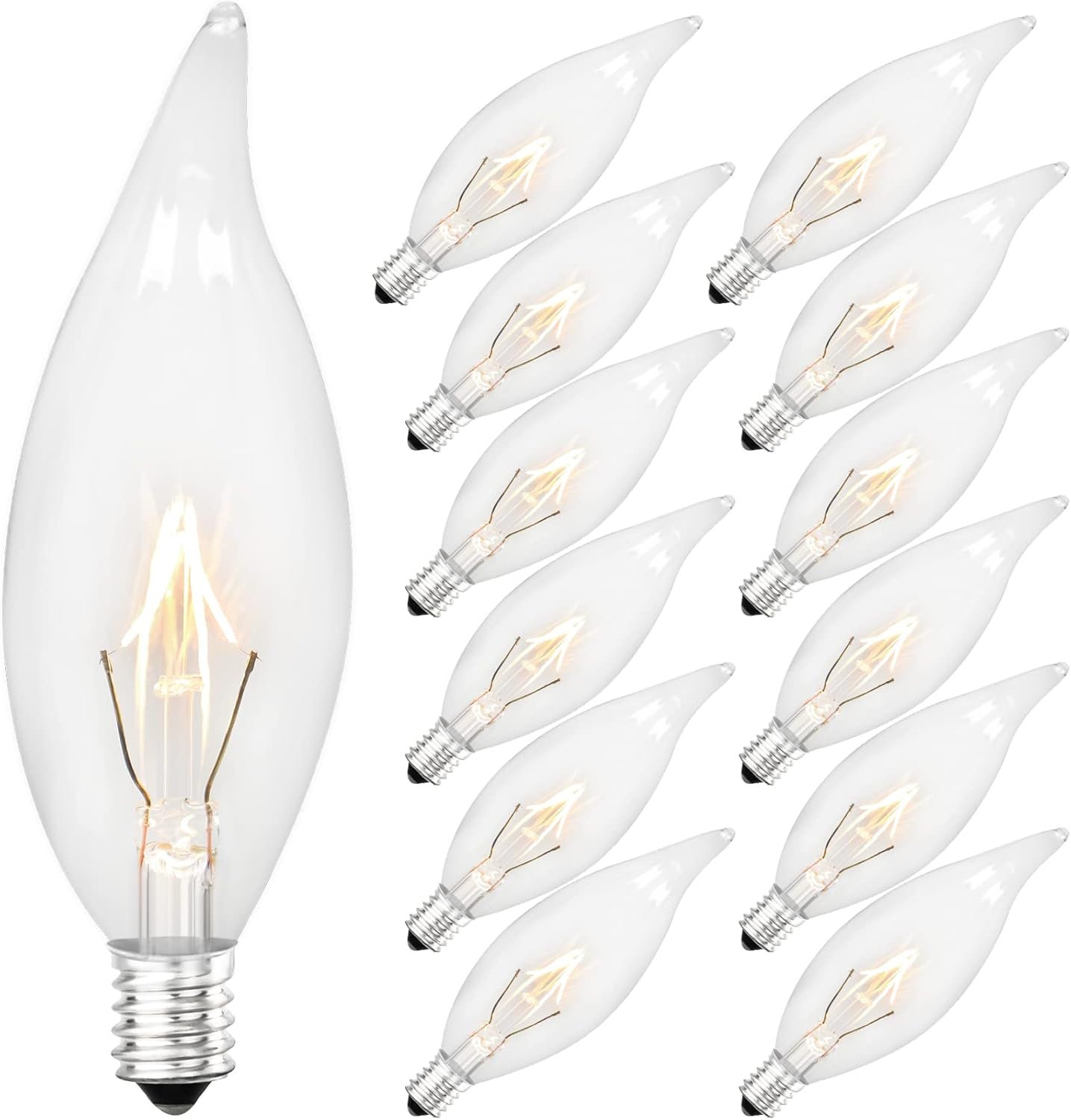 Brightever 12-Pack Vintage Incandescent Light Bulbs 40W, Dimmable 2500K Warm White Clear Flame Tip Candelabra Light Bulbs, 380Lm E12 Small Screw Edison Candle Bulbs for Chandeliers, Ceiling Fan Lights