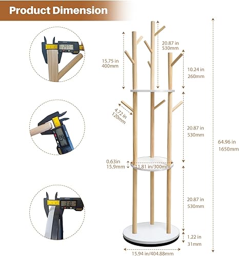 Miniatura 2 de LIWSHWZ Perchero giratorio independiente, de madera maciza, con 3 estantes y 9 ganchos, resistente y fácil de montar, soporte de árbol para entrada,