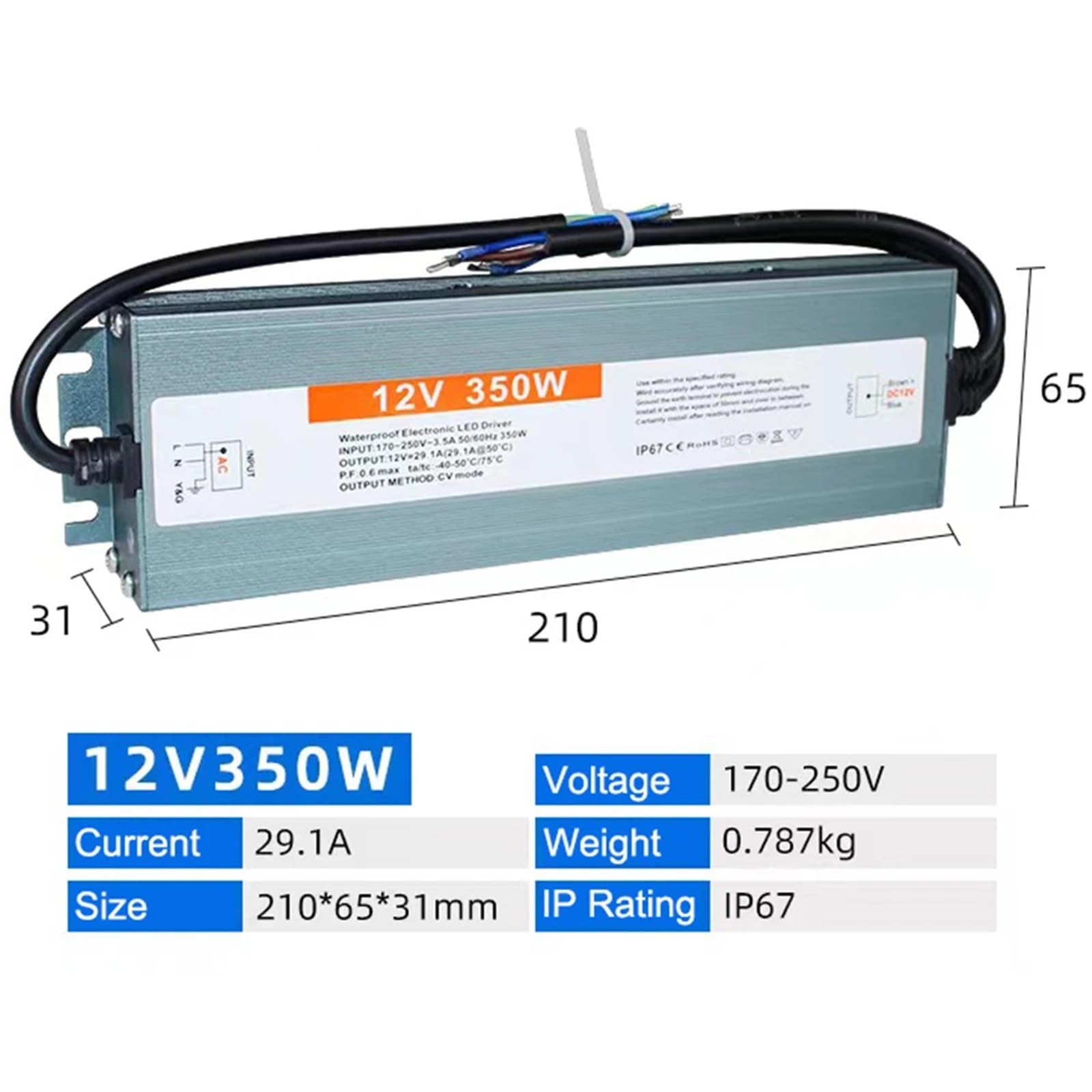 Alimentatore LED impermeabile IP67, adattatore trasformatore ultrasottile AC-DC 12V 24V, 100W 150W 200W 300W 400W(200W 220V Input,12 V)