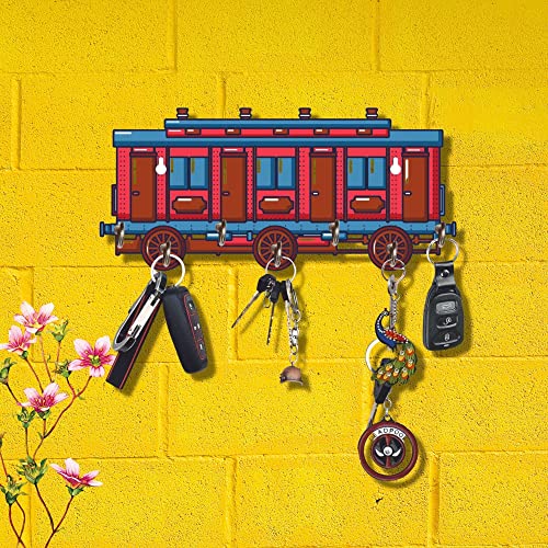 Webelkart Premium HD UV Printed Retro Train Shaped Keys Wooden Key Holder (12 Inch x 5.50 Inch, Wood, Multicolor)- 7 Hooks