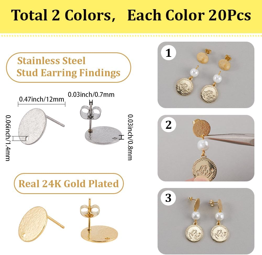 SUNNYCLUE 1 Box 40Pcs Flat Round Post Earrings Stainless Steel Earring Studs Gold Silver Metal Texture Pattern Small Posts Stud Ear Findings Set with Hole for Jewelry Making DIY Craft Accessories image 2