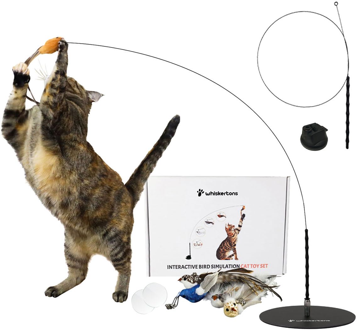 Whiskertons Interactive Bird Simulation Cat Toy Set, Interactive Cat Toys for Indoor Cats, Cat Feather Toy, Self-Holding Suction Base, 5 Replacement Birds, Feathers &amp; Bells (Standard Hybrid Bundle)