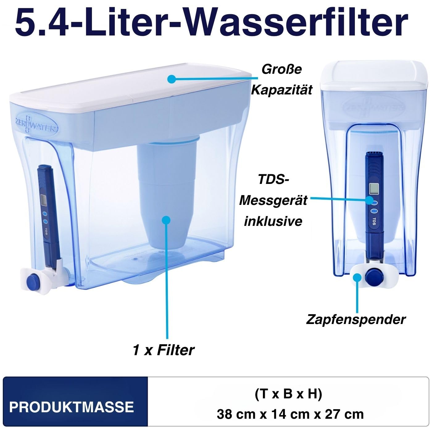 ZeroWater 5,4 L 5-Stufiger Wasserspender mit Wasserfilter - NSF-Zertifiziert - Wasser Filtersystem zur Reduktion von Blei, Anderen Schwermetallen und PFOA/PFOS - Weiß und Blau