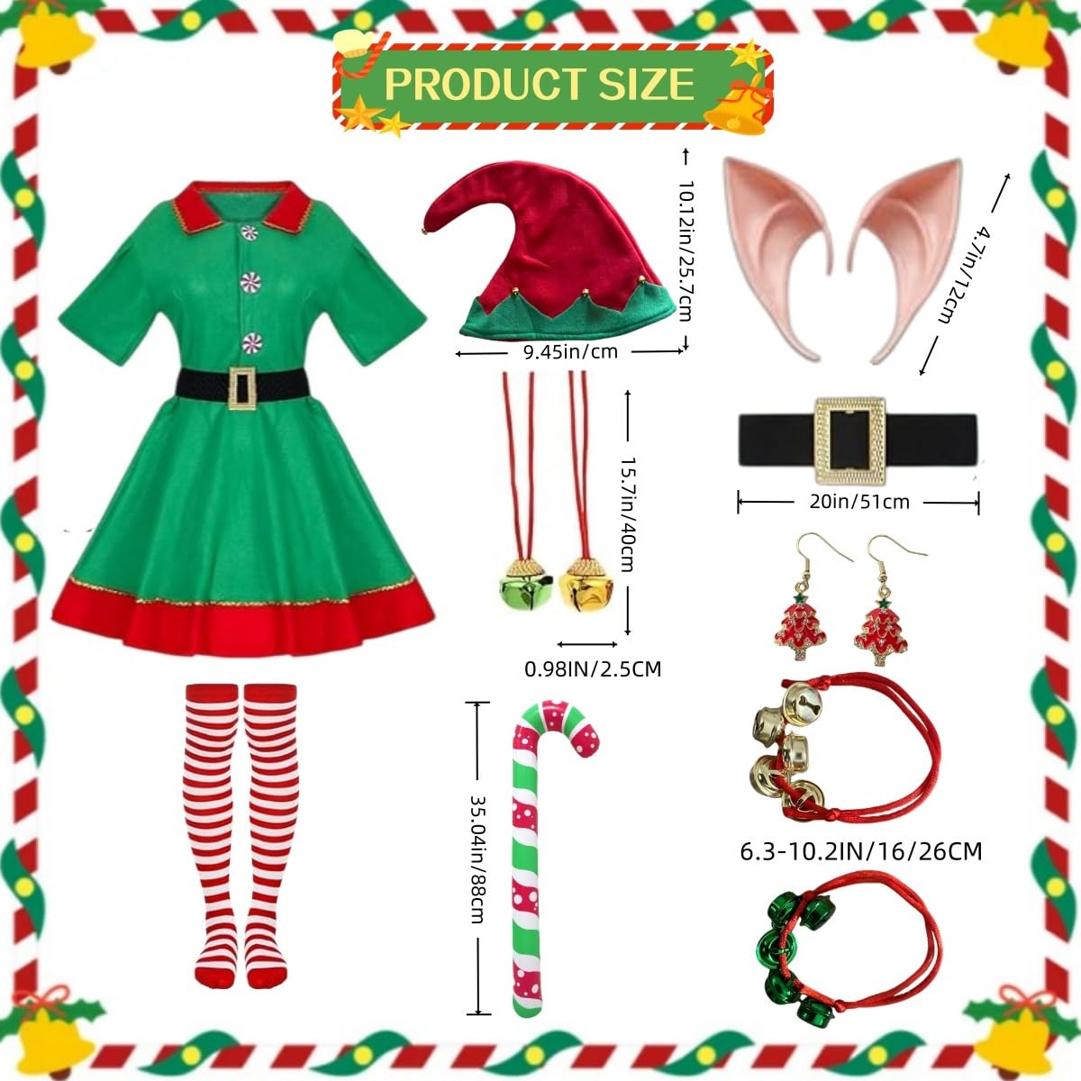 Zynthytic Christmas Elf Costume Adult Kids Christmas Elf Outfits for Women Short Sleeve Fancy Dress with Ears Hat Belt and Socks(110) - Image 4
