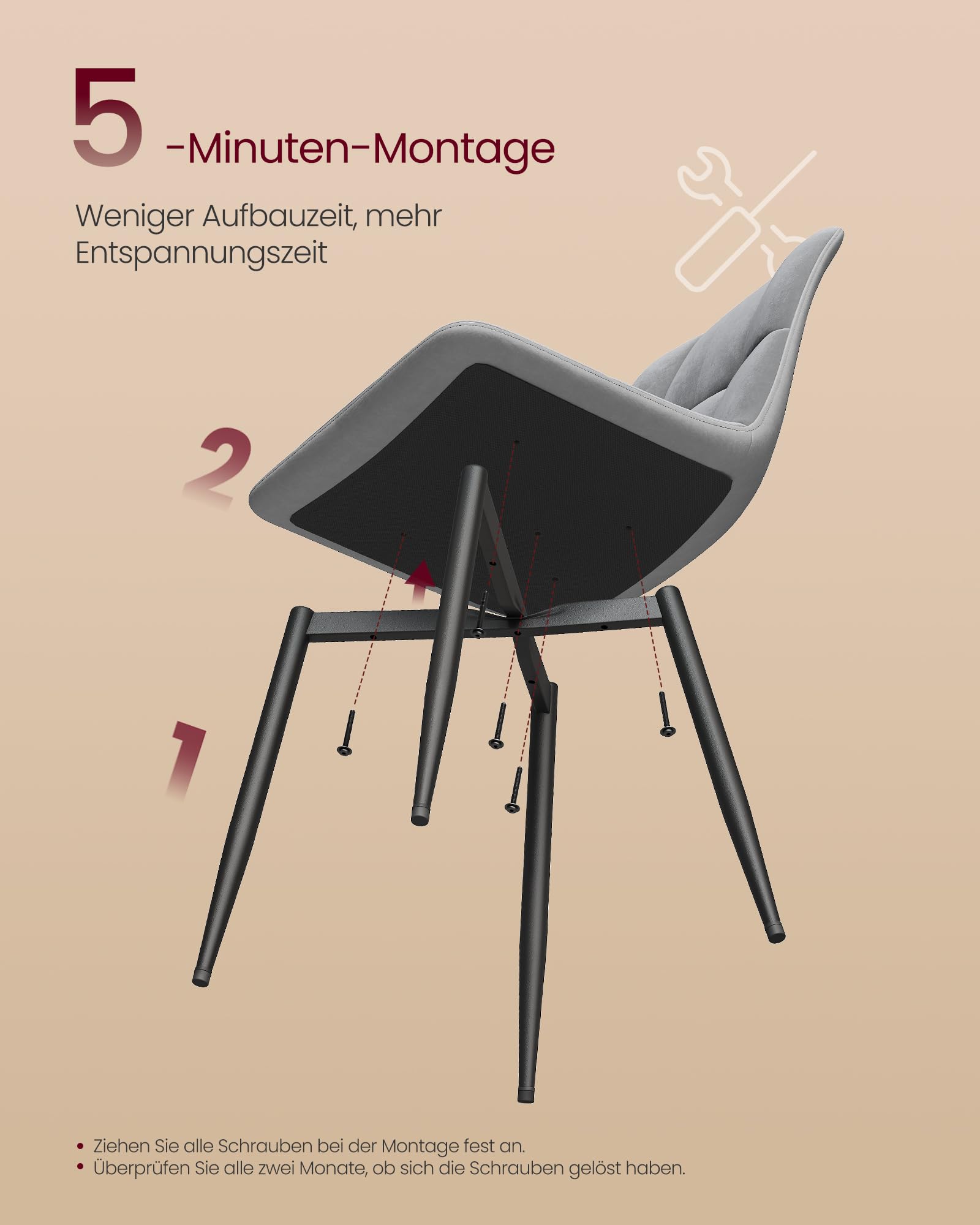 VASAGLE Esszimmerstühle Samt, Küchenstühle bis 120 kg belastbar, Sessel mit verstellbaren Füßen, modern, gepolstert, für Wohnzimmer, 2er Set, schiefergrau KDC088GN01
