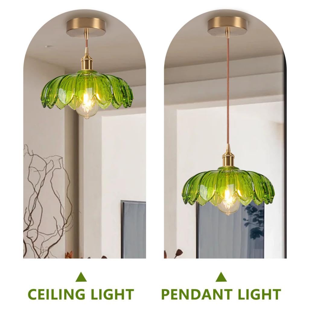 Lustre Luminaire en Verre Vert Rétro Suspension Créativité Fleur Décoration E27 Éclairage de Plafond Laiton Intérieure Suspendues Pour Salon Salle à Manger Chambre