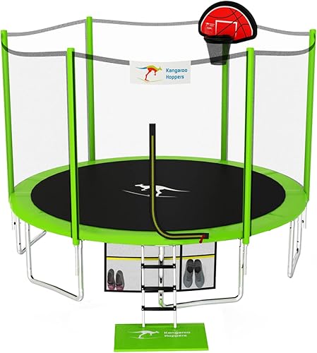 Kangaroo Hoppers Trampolín para niños, trampolín de 121415 pies con aro de baloncesto, red de seguridad - Trampolín para exteriores mejorado para