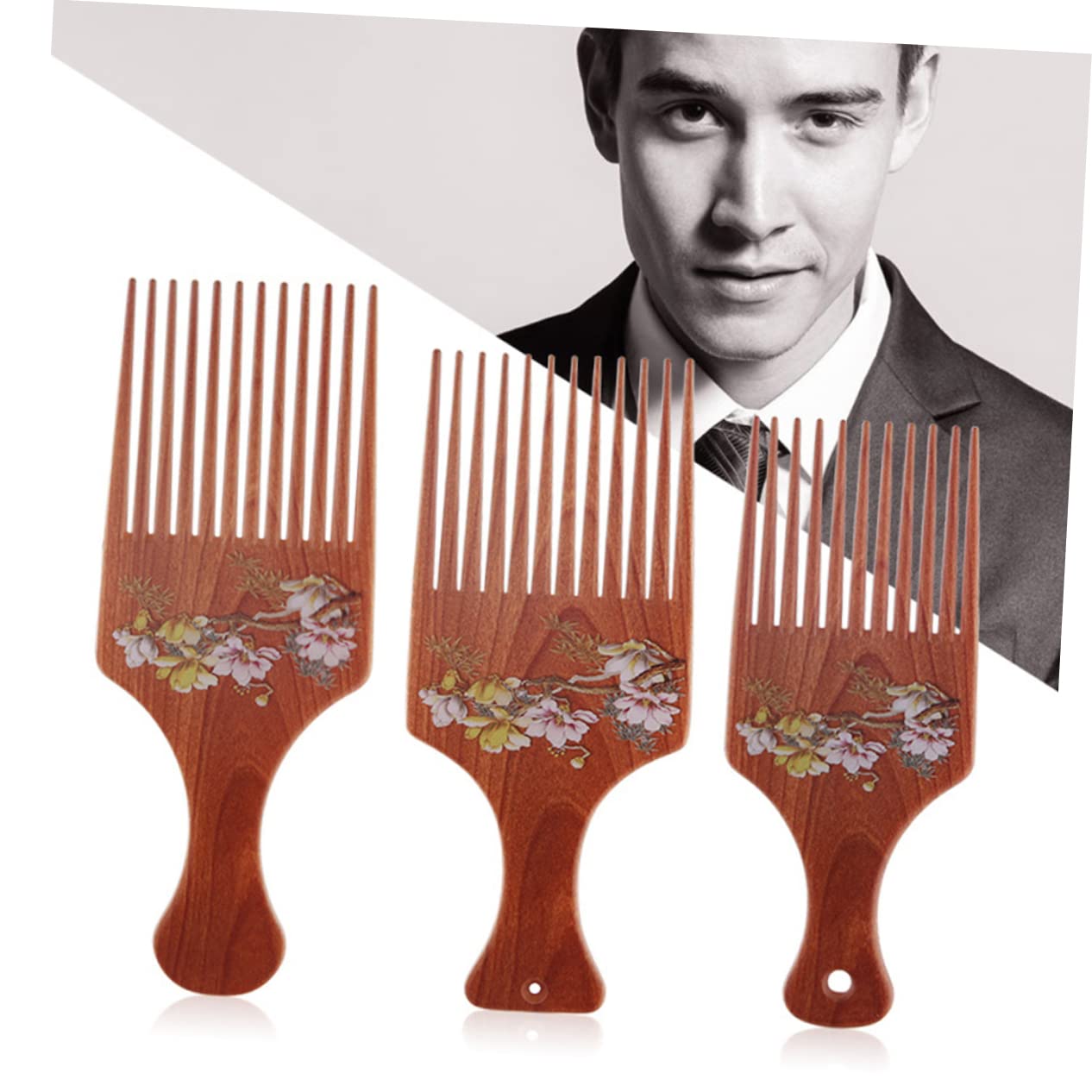 Peine de madera para peinar el cabello, 3 piezas, estilo chinoiserie con púas, rizado, para el hogar, estilo ancho, para mujeres, con pinzas en L, antiestático, delicado, para masajear el cabello