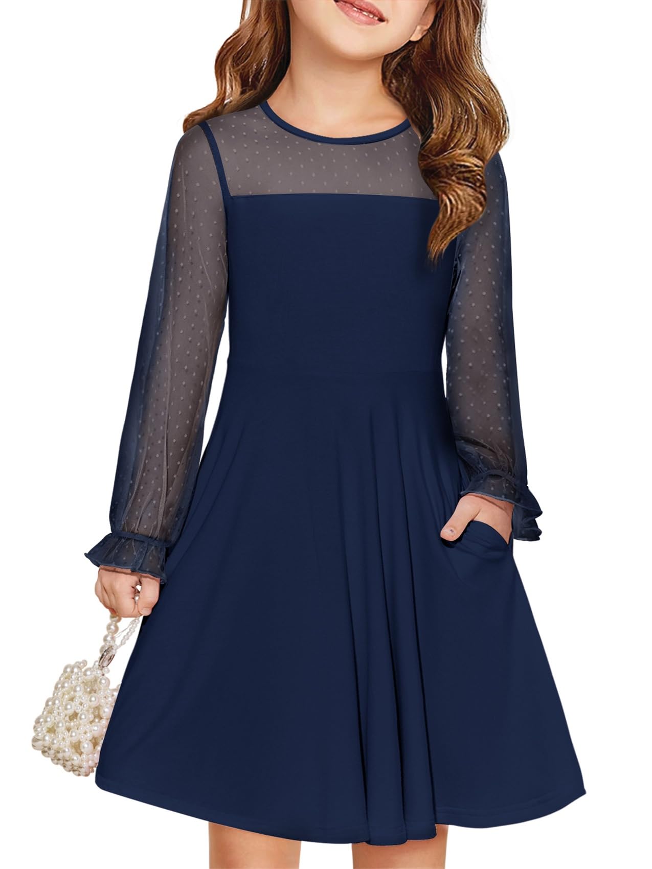 Haloumoning Kleider Mädchen Festliches Prinzessin Kleid Kinder Kontrast Mesh Langarm Puff Sommerkleider Elegant A-Linie Rundhals Partykleid mit Taschen, Marineblau, 7-8 Jahre