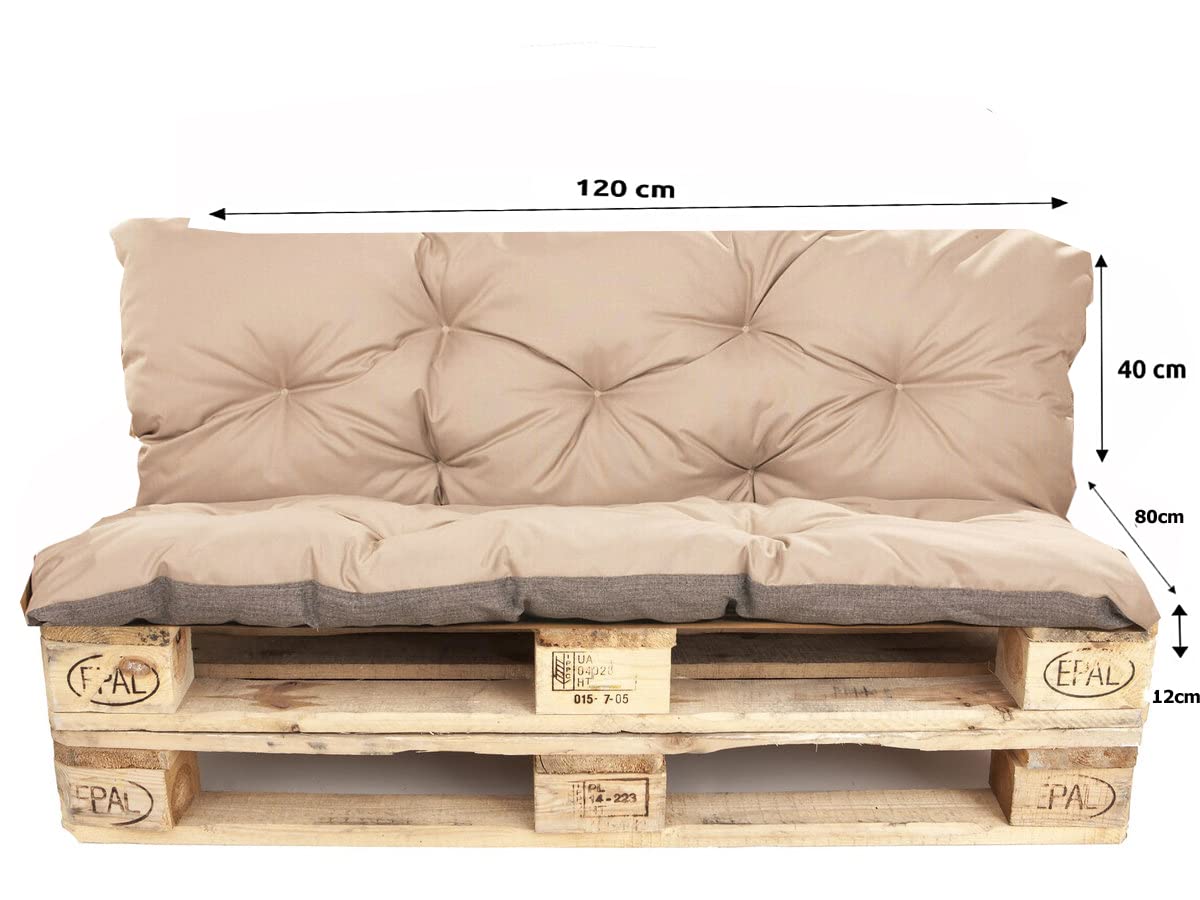 Cuscini per Pallet da Esterno - Set di Cuscini per Pallet - Set di Cuscini per Pallet da Interno (Cuscino Seduta 120x80 + Cuscino Schienale 120x40, Beige)