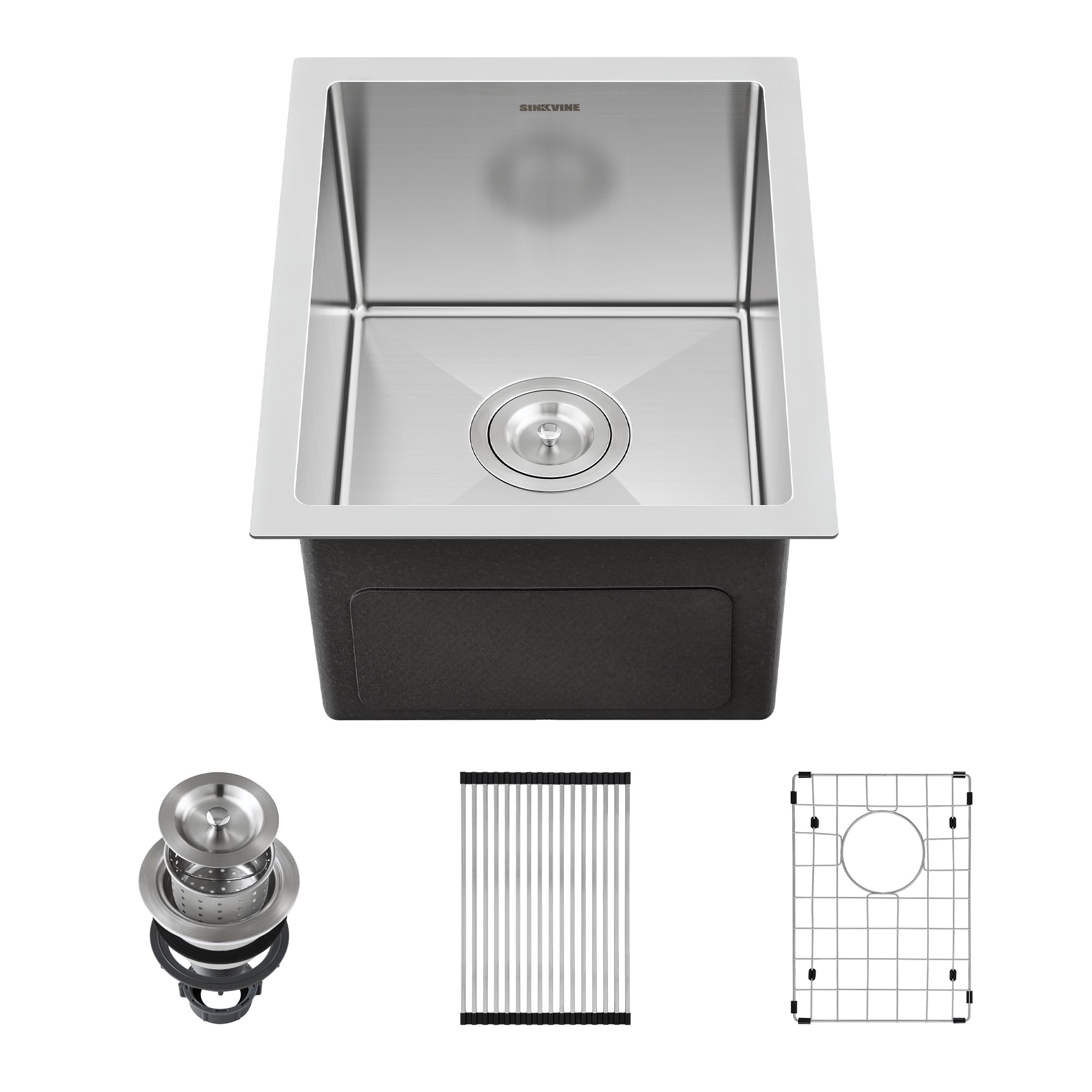 Bar Sink Undermount 14 x 18 inch, SINKVINE Stainless Steel Kitchen Sink for Outdoor RV, Single Bowl Wet Bar Prep Basin, with 3.5-inch Drain Strainer, Bottom Rise Grid, Roll-up Drying Unit, Brushed