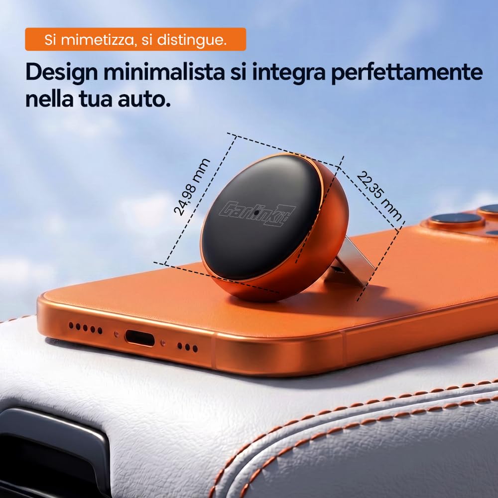 Carlinkit Mini Ultra 3 Adattatore Wireless CarPlay e Android Auto, Converte OEM Cablato in Wireless, Plug & Play USB A/C, Connessione Automatica, Aggiornamento OTA, Arancione