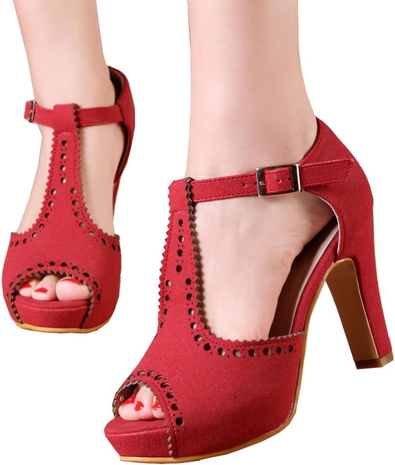 getmorebeauty Women's Vintage Heeled Sandals Suede Ankle T Straps Dress Block High Heel Sandals Women Shoes - Image 4