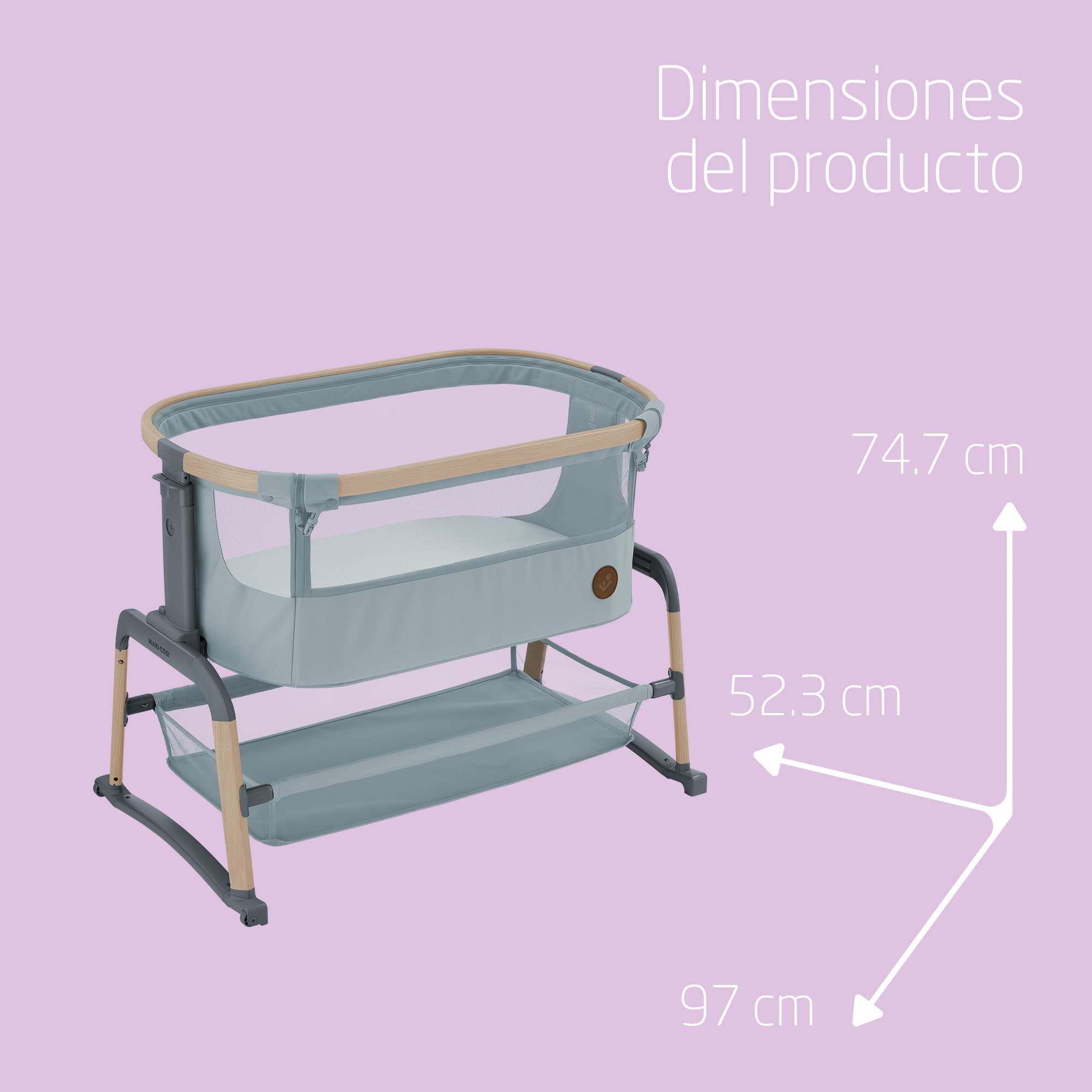 Maxi-Cosi Iora Air Cuna Colecho Bebe, Malla Integral, 0 - 6 meses (9 kg), Modo Mecedora, 4 Posiciones de Inclinación y 5 de Altura, Fácil Deslizamiento, Fácil Transporte, 2 Ruedas, Beyond Grey