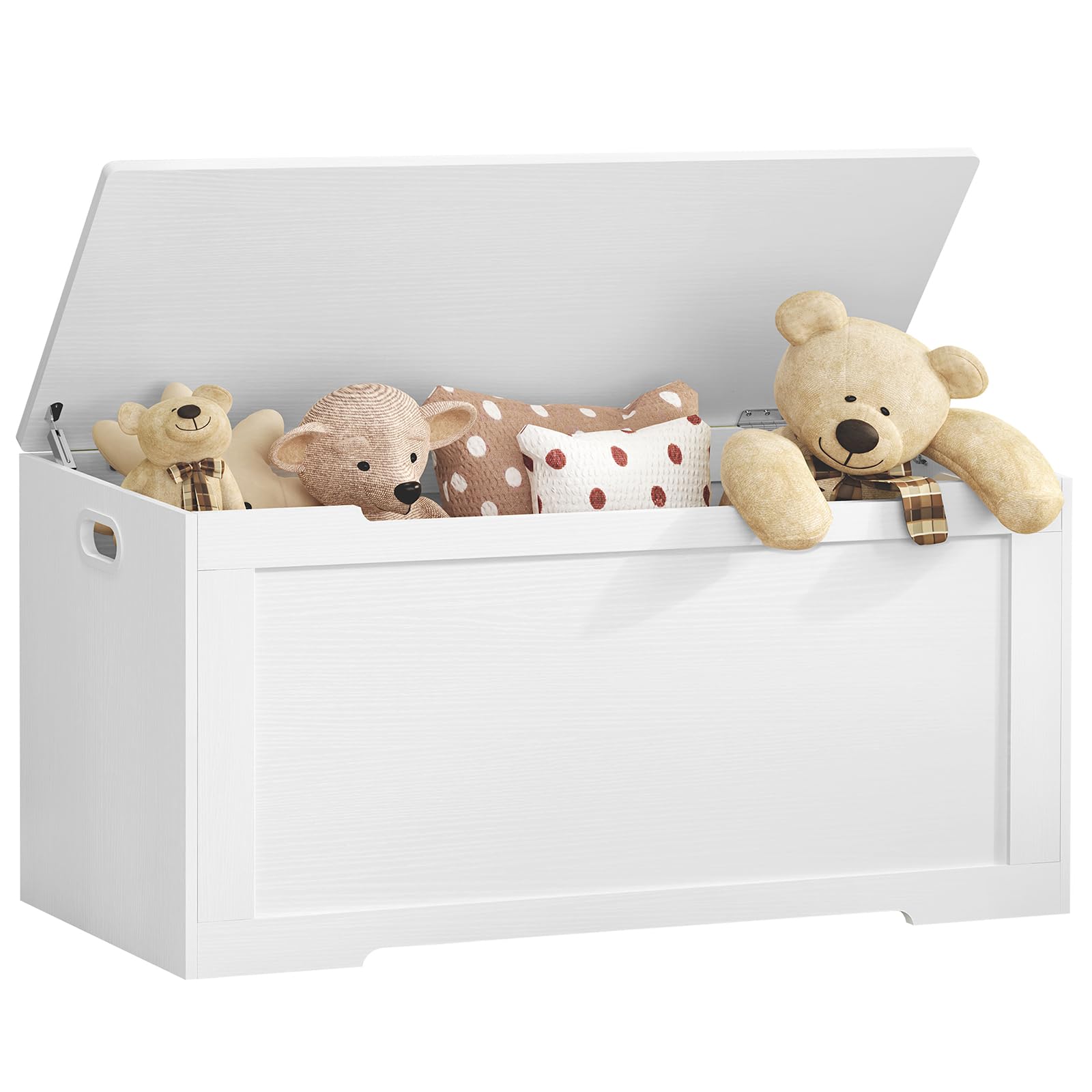 usikey 39.4 inch white toy chest in a living room setting with a laptop and coffee cup on top.