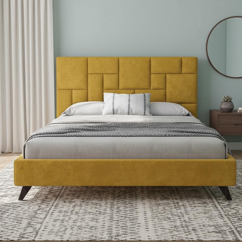 Image of Amazon Brand - Solimo Wood Cube Queen Size Bed with Fabric Upholstery | Modern Wooden Double Bed Without Storage Cot Platform Furniture for Bedroom and Livingroom | 6.5 x 6 Feet (Yellow)
