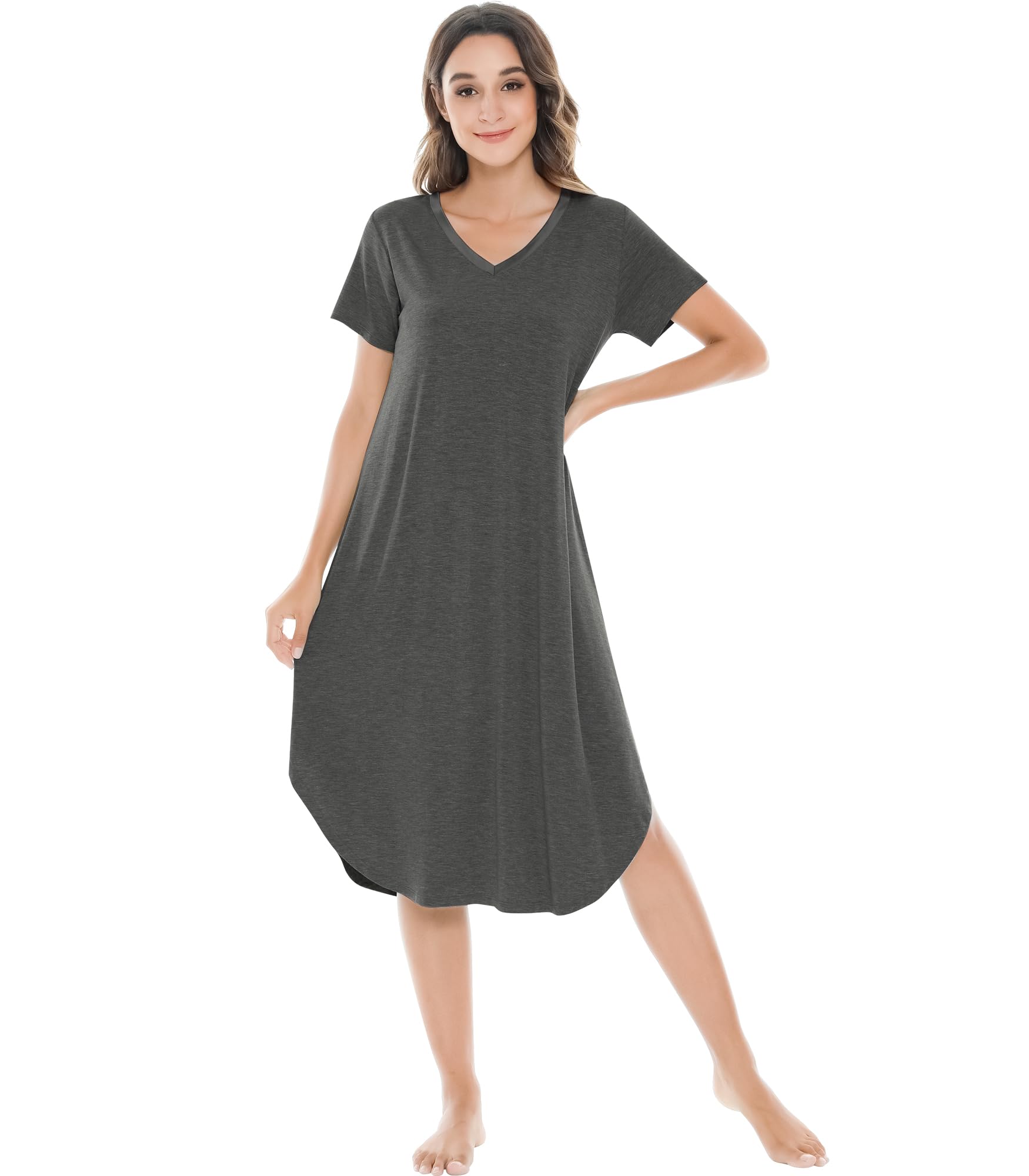 NACHILA Bamboo Viscose Nightgowns for Women Cooling Short Sleeve Sleepshirt | Soft V Neck Night Gowns, Moisture-Wicking Sleepwear for Hot Flashes &amp; Night Sweats, Ladies Nightshirts for Sleep, Home, Gift