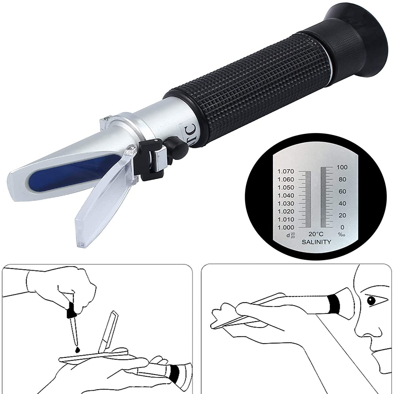 Refractómetro de salinidad,Probador de Agua Salada portátil con compensación automática de temperatura,hidrómetro 0-100‰ y refractómetro ATC de gravedad específica de 1,000a1,070 para acuarios marinos