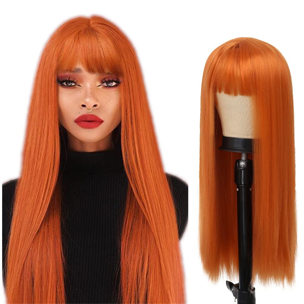 Swiking Orange Long Straight Women Wig with Bangs Heat