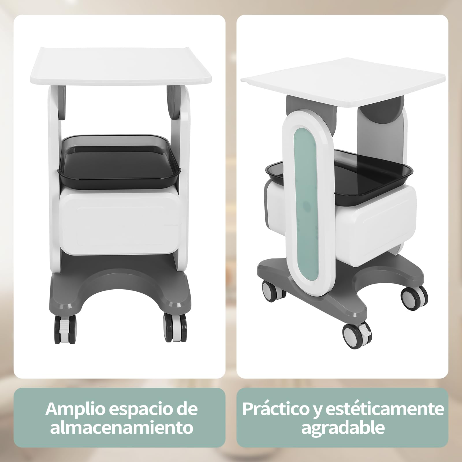 Carros de Laboratorio de 2 Niveles Carro Médico con 1 Cajón, 1 Bandeja Superior y 4 Ruedas Silenciosas Carro Médico Móvil con Material ABS para Laboratorio, Clínica, Hospital, Blanco