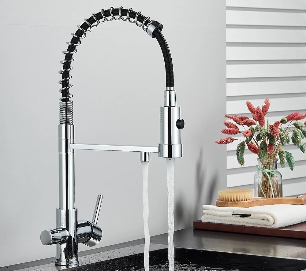MXXQRHF Kitchen Tap Pull Down Filter Kitchen Faucet, 3 Way Drinking Pure Water Faucets, Brass 360 Flexible Tap(Chrome)