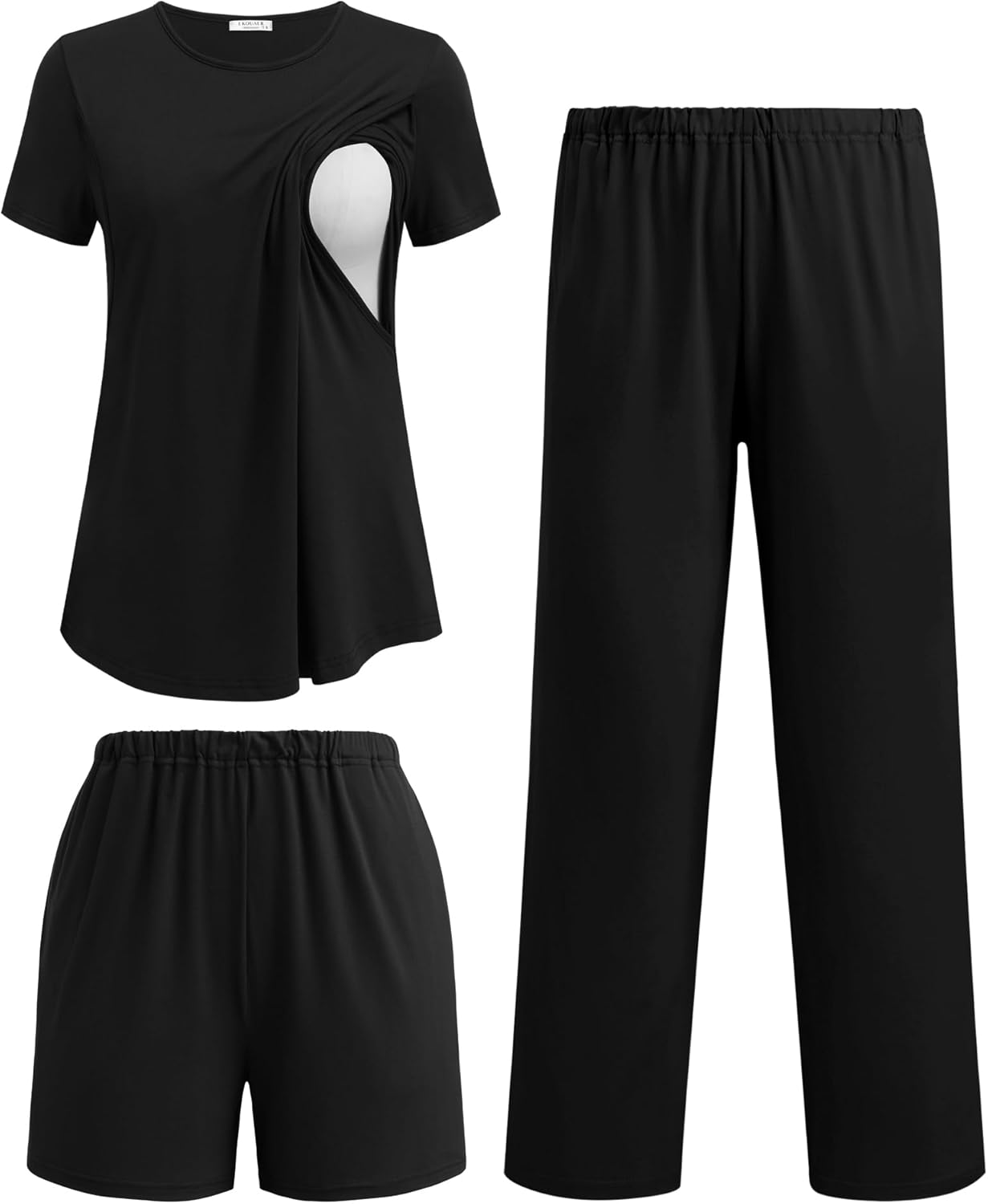 Ekouaer 3 Piece Maternity Pajamas Set Postpartum Nursing Short Sleeve Breastfeeding Sleepwear Pregnancy Shorts & Pants Pjs