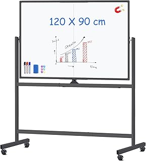 maxtek Whiteboard mit Ständer 120 X 90 cm, Doppelseitiges Magnetisches Aluminiumrahmen Mobiles Whiteboard, Whiteboards Schwarz mit Stifte, Schwämme, Tafellöscher