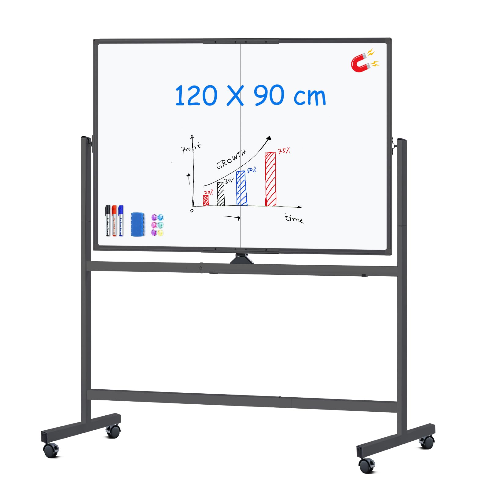 maxtek rolling whiteboard, 48x36 large magnetic white board with stands, big double-sided white board dry erase on wheels for homeschool, home office, office, school (black, 48 x 36)