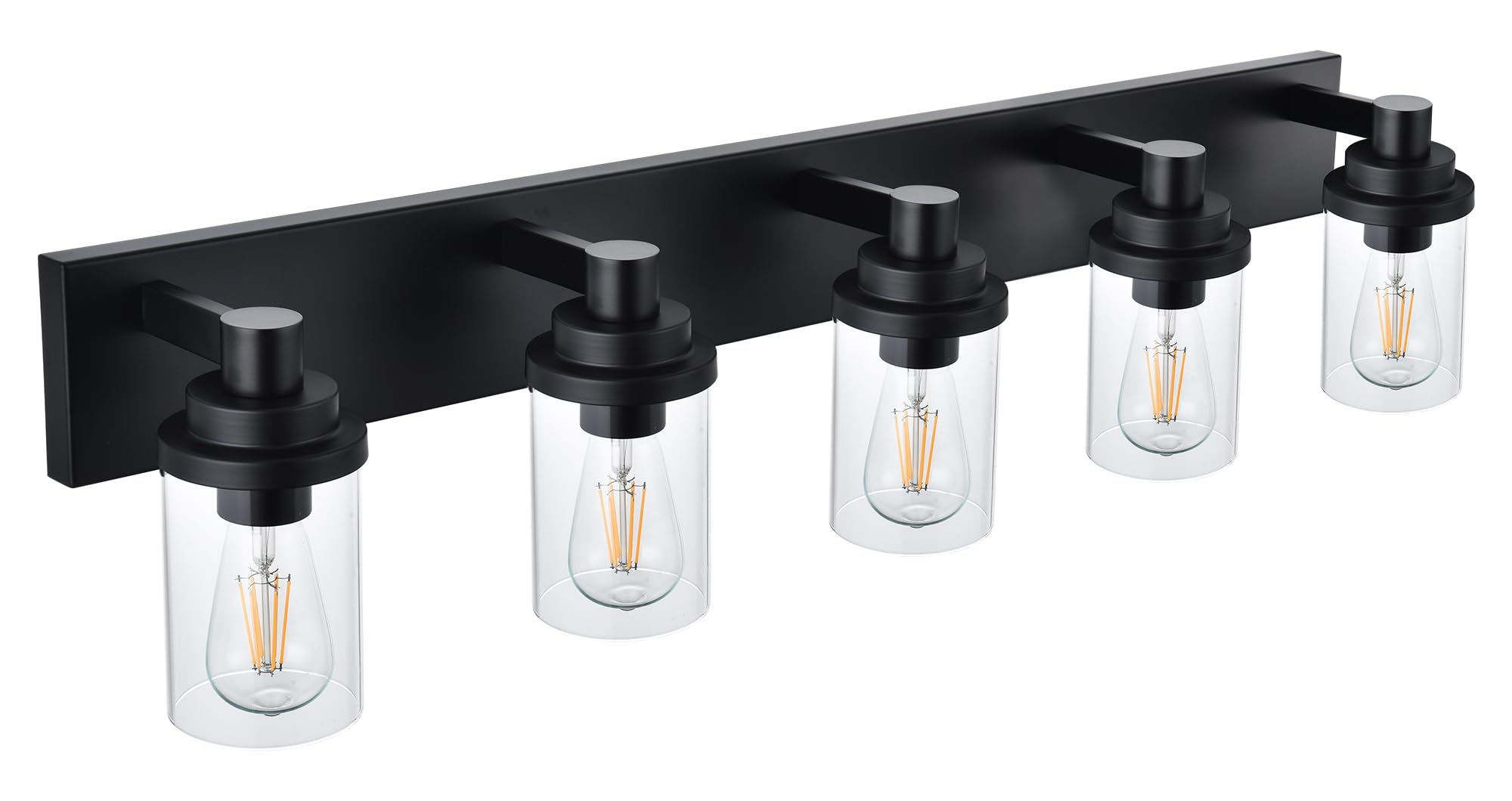 MELUCEE 5-Light Farmhouse Bathroom Light Fixtures Black Finish, Indoor Wall Mount Light Fixtures with Clear Glass Shade, Black Vanity Lights Above Mirror Sink Cabinet