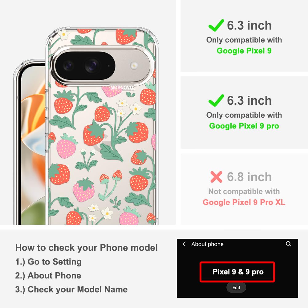 MOSNOVO Case for Google Pixel 9 & Pixel 9 Pro, [Buffertech 6.6ft Military-Grade Drop Protection] [Anti Peel Off Tech] Clear TPU Bumper Phone Case Cover Design - Strawberry Garden - 2