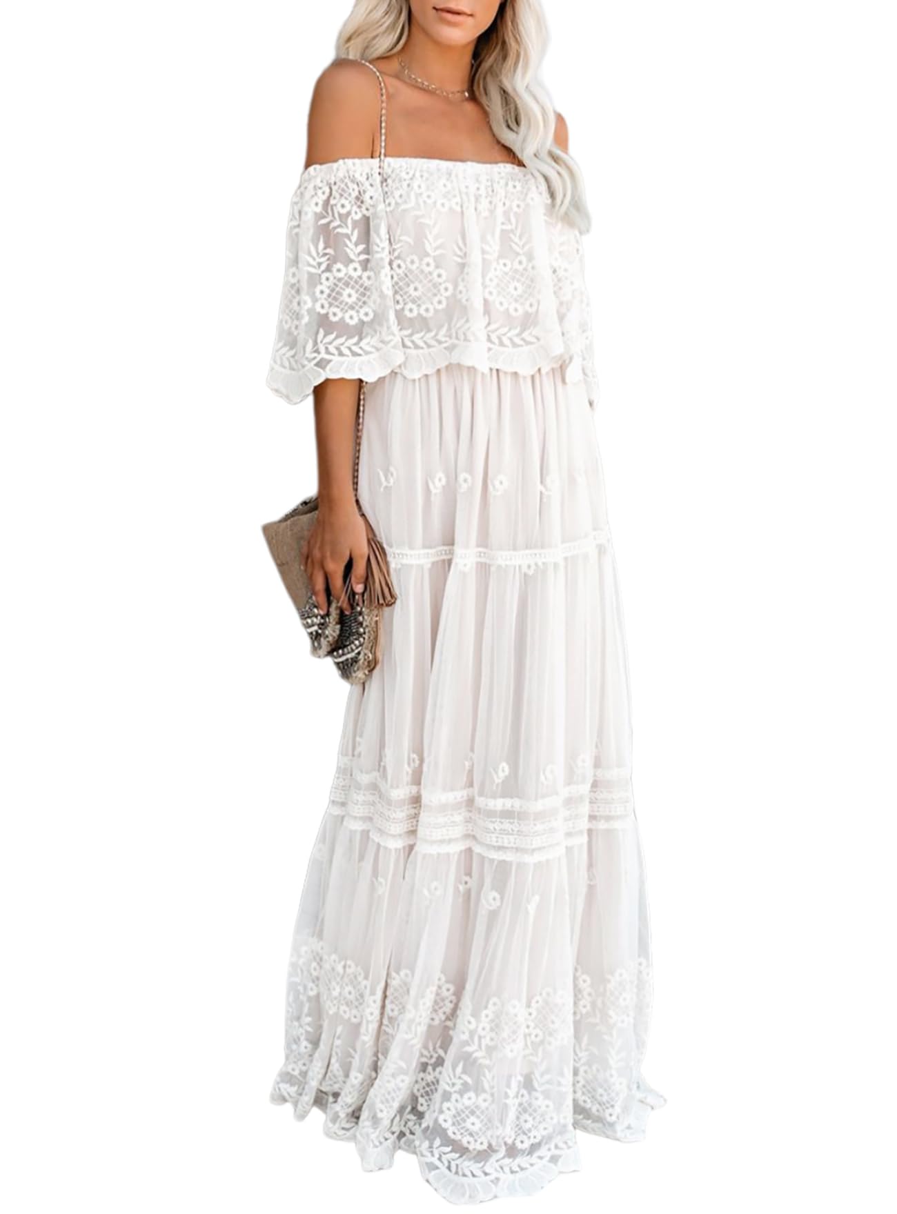 Vestido de novia de encaje con hombros descubiertos para mujer, estilo bohemio, dama de honor, fiesta, maternidad, sesión de fotos, maxi vestidos