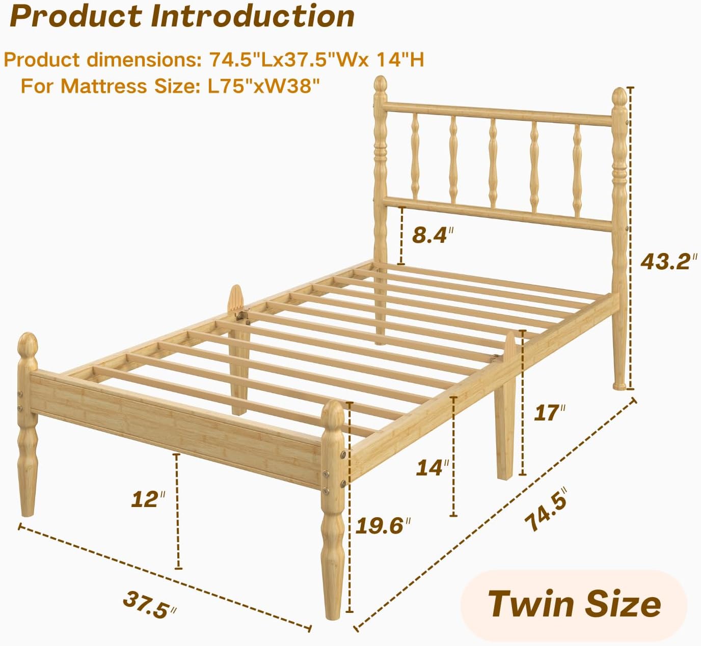 Solid Wood Twin Bed Frame with Headboard & Mattress Stopper, Bamboo Platform Bedframe No Box Spring Needed, Modern Heavy Duty Frame, Noise Free & Easy Assembly