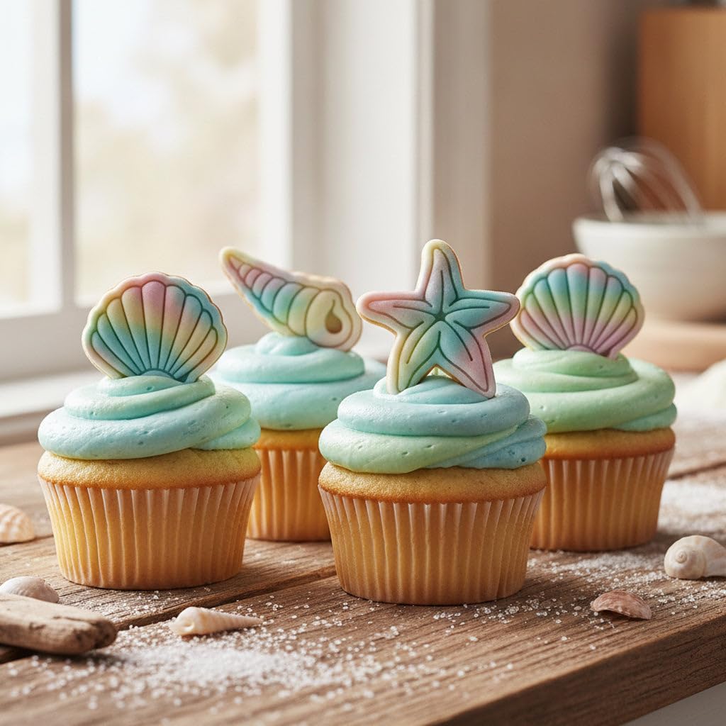 BAKERLOGY Lot de 4 Hippocampe, Coquillage, Étoile de Mer & Coquillage Turritelle Mini Emporte-pièces & Tampons – Embosseurs Marins pour Pâte à Sucre, Biscuits, Cupcakes & Fête Sirène