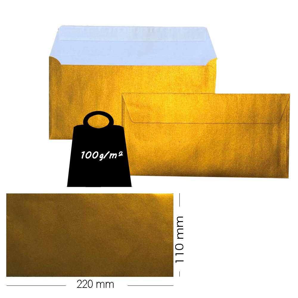 Enveloppes longues DIN 110 x 220 mm, 120 g, rabat droit avec patte autocollante, idéales pour anniversaire, mariage, invitations, cartes de vœux, Noël 100 x 88 doré