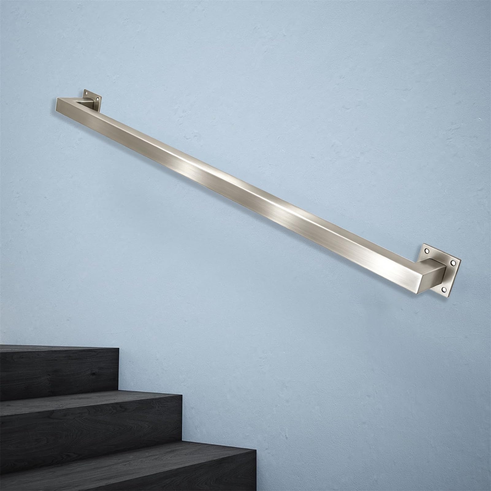 Drsyffsup 30cm-600cm Stair Railing Indoor, Non-Slip Silver Square Tube Handrail, Wall Mounted Staircase Banister Hand Rails for Outdoor Patio, Bathroom, Loft, Elderly & Kids(7ft/2.1m)