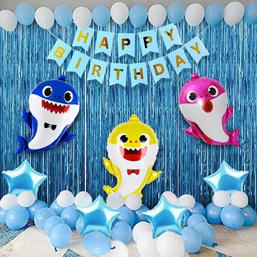 Party Propz Shark Theme Birthday Decorations -72pcs Combo, Blue Happy Birthday Banner(cardstock) | Shark Theme Foil Balloons, Metallic Balloons, Foil Curtains