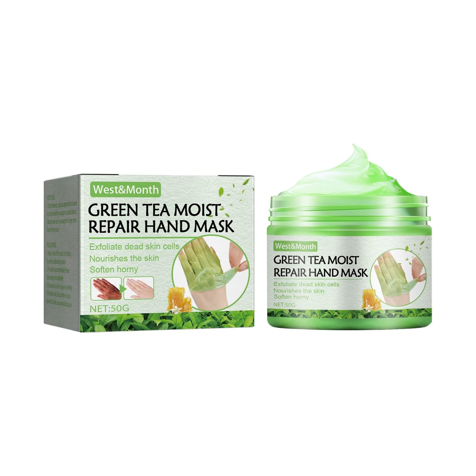 Green Tea Repair Hand Mask, Honey Hand Wax for Moisturizing and Exfoliating Dry, Cracked, and Aging Skin, Anti-Cracking Treatment for Rough Hands (50g)