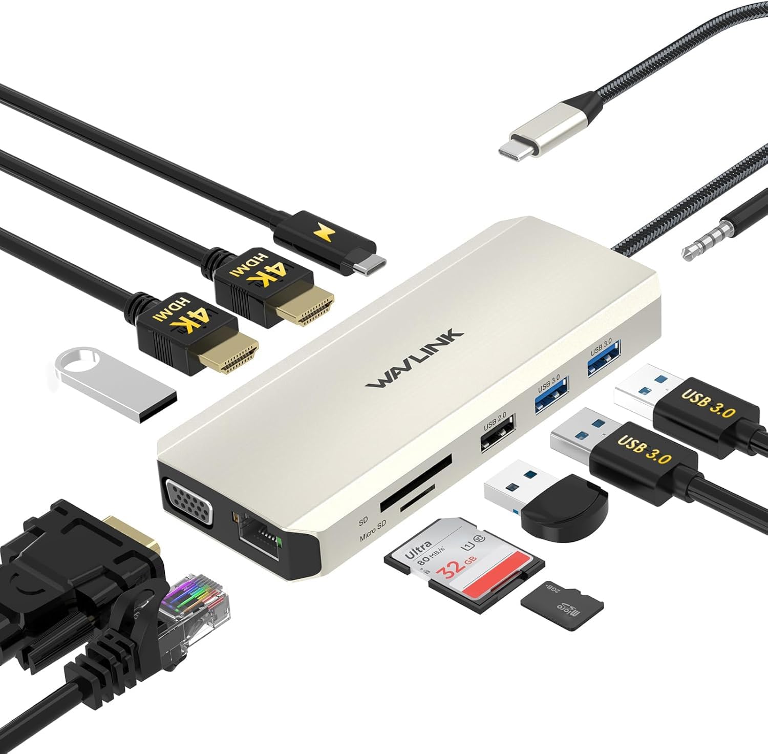 WAVLINK 12-in-1 USB C Hub Docking Station Triple Display Type-C Adapter with Dual 4K HDMI/VGA Display Port, 87W PD3.0 Charging, Ethernet, Micro SD Card Reader, USB3.0 & 2 USB2.0 Ports