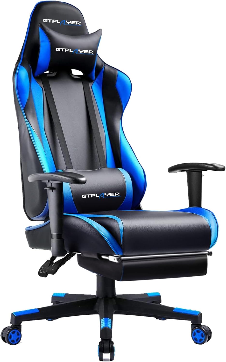 Gaming Chair with Footrest, Ergonomic Computer Game Desk Chair, Reclining Gamer Chair Seat Height Adjustment, Swivel Rocker with Headrest and Lumbar (Blue)