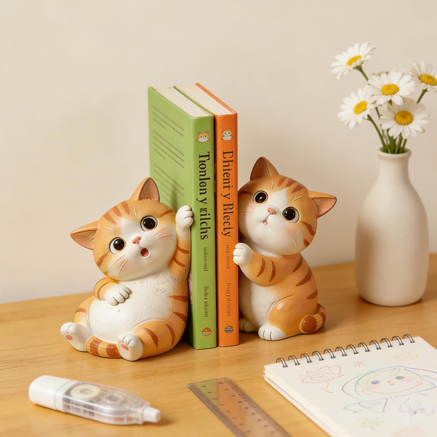 Sizikato Cute Orange Cat Resin Decorative Bookends, 1 Pair