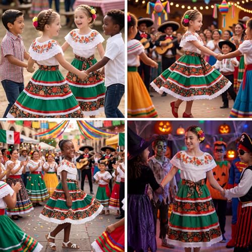 Vestido tradicional mexicano para niñas verde miniatura 6