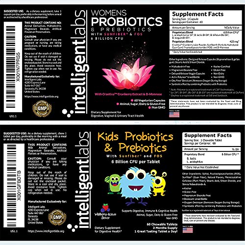 Intelligent Labs 2-In-1 Bundle Of Kids’ Probiotics With Sunfiber And Fos + Women’s Probiotics (Uti Formula With Cranberry & D-Mannose), No Refrigeration Required, 2 Months Supply Per Bottle #TOP1