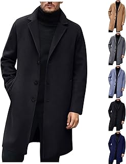 Trench Coat Men Lapel Wool Blend Coat Single Breasted Long Jacket Overco...