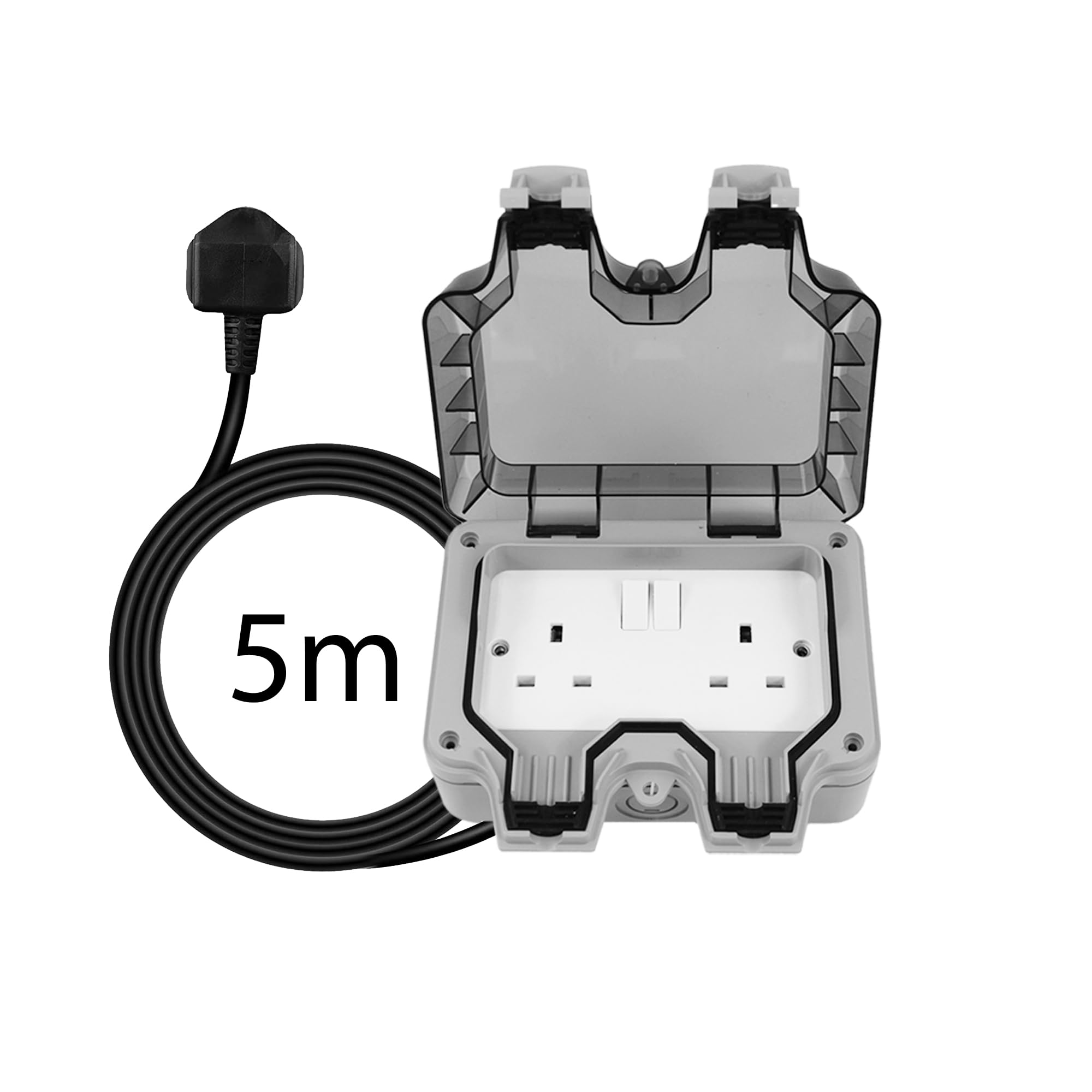 Shine Planet Weatherproof Double Outdoor Socket Box - IP66 Rated, Switched Wall Electrical Outlet, 13Amp 2 Gang Power Socket, 3-20M (5M) Extension Lead